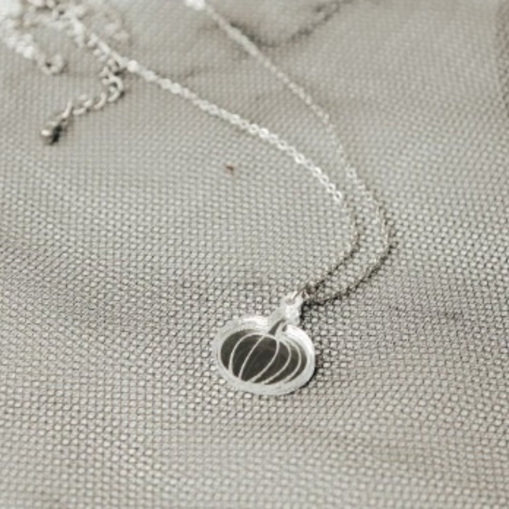 Tiny Silver Pumpkin Necklace - Silver Acrylic Pendant with 18 inch Silver Chain